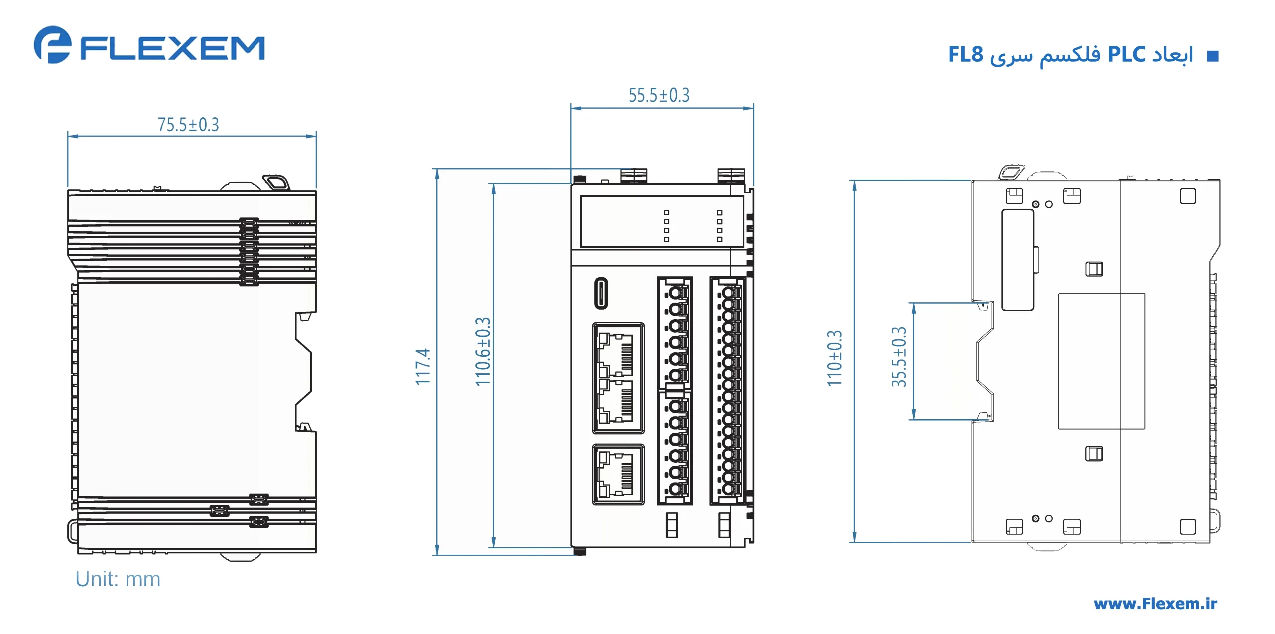 ابعاد PLC فلکسم 8 محور کد FL8-E8-D ابعاد PLC فلکسم 8 محور کد FL8-E8-D